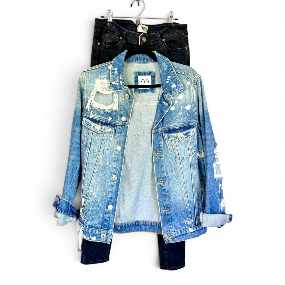 Zara Distressed Paint Splatter Denim Jacket Size Small Oversized Trucker - Picture 2 of 7
